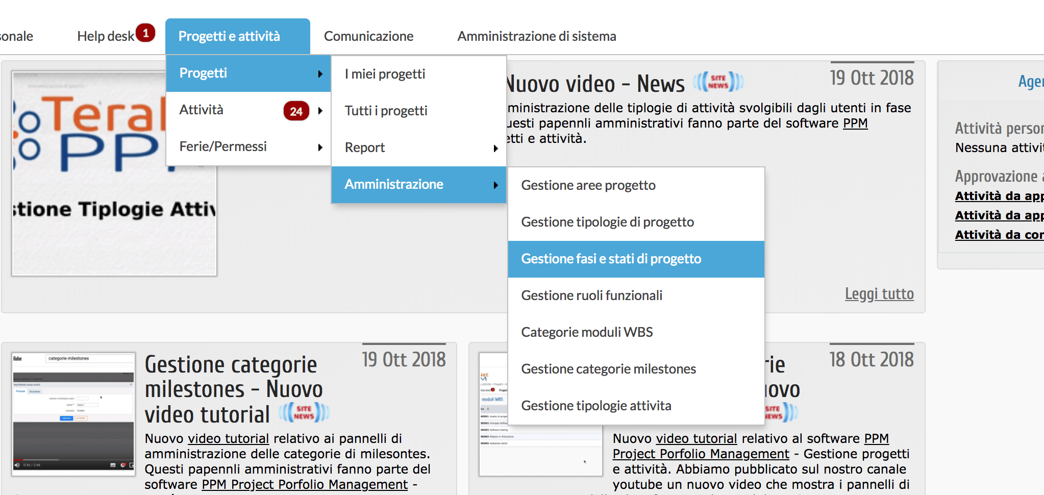 Menu per accedere al pannello di amministrazione delle fasi e stati di progetto del Project Portfolio Management