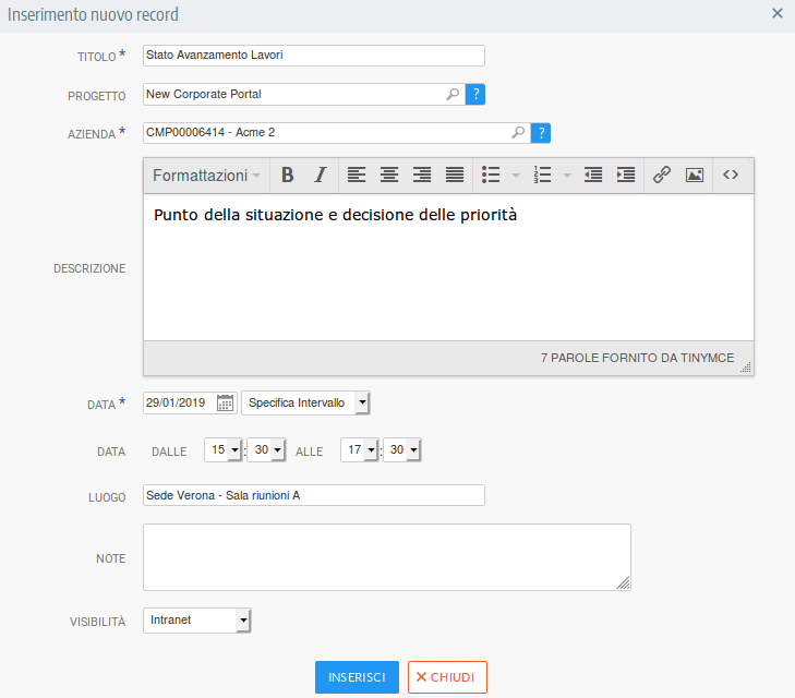 Scheda di inserimento di un ordine del giorno nel Project Portfolio Management